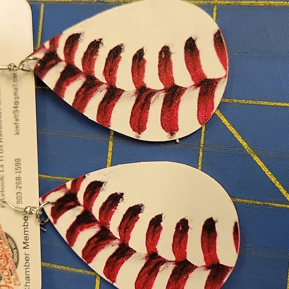 Baseball Tear Drop Pleather Red White Earrings
